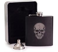 Engraved Traditional Skull Hip Flask Gift Set | Includes Metal Presentation Tin & Filling Funnel | Matte Black Tattoo Art Spirit Flask | Birthday & Father's Day Present for Him