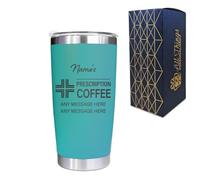 Engraved Travel Cup, Personalised Prescription for Coffee Design, 500ml or 17.5oz Capacity, Gift Boxed, Funny Gift, Turquoise Insulated Coffee Cup