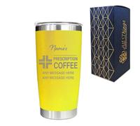 Engraved Travel Cup, Personalised Prescription for Coffee Design, 500ml or 17.5oz Capacity, Gift Boxed, Funny Gift, Yellow Insulated Coffee Cup