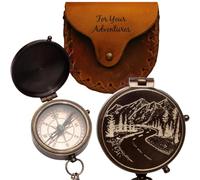 Engraved Vintage Compass Gift for Men - Antique Brass Pocket Compass for Men with Genuine Leather Pouch Stamped “for Your Adventures” - Moon & Stars or Road Design - Gift for Dad, Husband, or Son