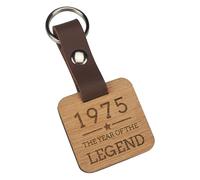 Engraved Wooden Keyring - "1975 Year of the Legend" Design - 50th Birthday Gifts for Men Him - Wood and Leather Square Keyring