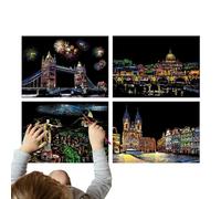 Engraving Set - 4 Sheets Off Painting Landscape Boards Scratch Pad Kit with Pen | A4 Drawing Pads for Adults and Children, Painting Kit