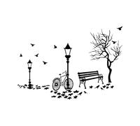 Engraving Stickers Autumn Landscape Bicycle Tree Street Lamp Leaves Seat Bird Playroom 81x116.4cm Self Adhesive Extra Large Black