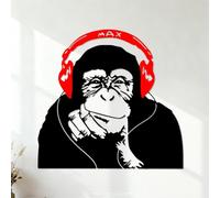 Engraving Stickers Gorilla Monkey Headphones Music Cartoon Doodle Chimpanzee Listening to Headphones 54.6x56.9cm Tattoo Culture Black