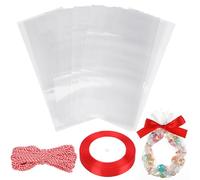 Engrowtic 100 Pieces Christmas Clear Cellophane Sheets 13.8 x 5.9 Inches with Red Ribbon and Red White Rope Christmas Candy Transparent Wrap Treats Chocolate Wrap for Friends Neighbor Mini DIY Gift