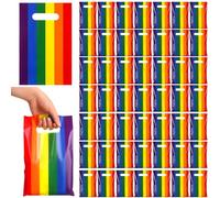 Engrowtic 50 Pcs Gay Pride Day Rainbow Gift Bags with Handle Lgbt Party Favor Reusable Rainbow Striped Plastic Snack Treat Goody Candy Bag for Summer Birthday Wedding Party Supplies 9.84'' x 6.5''