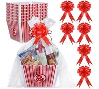 Engrowtic 6 Pack Popcorn Baskets for Gifts Empty, 9 x 9 x 6 Inch Thick Gift Basket with 8 Red Floral Bows 12 Shrink Wrap Bags Empty Gift Baskets for Christmas, Red and White Striped Popcorn Boxes