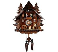 Engstler Quartz Cuckoo Clock Black Forest house with moving wood chopper and mill wheel, with music EN 473 QMT