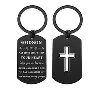 ENGZHI Godson Gifts for Christmas Birthday Fathers Day, Godson Keyring from Godmother Godfather, May Jesus Live Within Your Heart Keychain, Metal Engraved