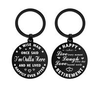 ENGZHI Retirement Gifts for Men - I’M Outta Here, He Lived Happily Ever After - Leaving Gifts for Male Retired, Metal Engraved Keyring