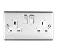 Enhance Decorative 2 Gang Socket Satin Stainless Finish with White Trim Steel EN2SOSSW
