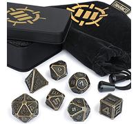 ENHANCE DnD Metal Dice Set - 7pc Polyhedral Dice with Storage Case and Drawstring Bag - Solid Metal Set for Dungeons and Dragons, Pathfinder, more RPGs (Ancient Bronze)