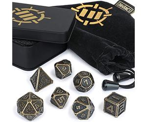 ENHANCE DnD Metal Dice Set - 7pc Polyhedral Dice with Storage Case and Drawstring Bag - Solid Metal Set for Dungeons and Dragons, Pathfinder, more RPGs (Ancient Bronze)