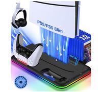 Enhance RGB LED PS5 Stand and Cooling Station with Dual Controller Charging, 3-Level Adjustable PS5 Cooler, Headset Holder and Storage Slots