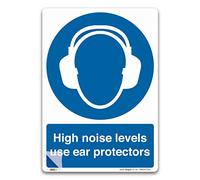 Enhance Safety in High Noise Environments with A4 297x210mm Laminated Self-adhesive Vinyl Sticker High Noise Levels Use Ear Protectors Sign - PPE Mandatory Health and Safety Signs