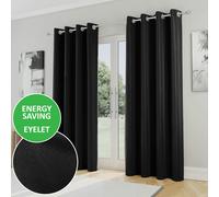 Enhanced Living Black Plain Supersoft Thermal Room Darkening Eyelet Curtain - Pair for Living Room & Bedrooms - 66" (168cm) Width x 72" (183cm) Drop