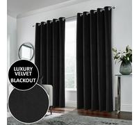 Enhanced Living Hampton Velvet 100% Blackout Thermal Ring Curtain 168x183cm Black
