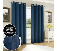 Enhanced Living Navy Herringbone Jacquard Blackout Eyelet Curtains - Bedroom & Living Room - 90" (229cm) Width x 90" (229cm) Drop