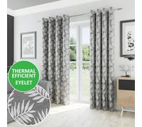 Enhanced Living Oakland Floral Leaf Pattern Thermal Room Darkening Pair of Curtains With Eyelets For Living Room & Bedroom - Grey - 66" (168cm) Width x 90" (229cm) Drop