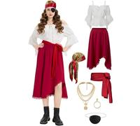 Enhenenhen Pirate Costume Women's Pirate Shirt Skirt Set, Pirate Costume Women Halloween Pirate Costume Women Carnival Pirate Dress Skirt Ladies with Headscarf Belt Necklace Earring