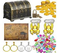 Enhon 147 Pieces Pirate Treasure Chest Toy Box with Lock and 1 Treasure Map 100 Colorful Gems 40 Pirate Coins 4 Earrings 2 Skeleton Necklaces for Halloween Themed Party Favors(Vintage Style)
