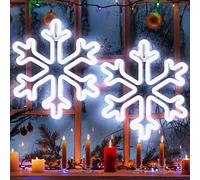 Enhon Christmas Neon Snowflake Light, 12 Inch Giant Snowflake Lights, Battery and USB Powered Christmas Curtain Neon Sign with Timer for Xmas Party Decoration(Cool White,2 Pack)