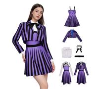 Enid Sinclair Cosplay Costume,Gothic Academy School Uniform,Retro Stripes Printed Outfit with Belt and Bow Tie for Halloween Carnival Party (Purple, M)