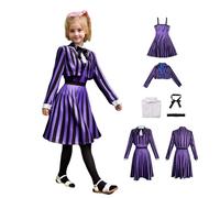 Enid Sinclair Cosplay Costume,Gothic Academy School Uniform,Retro Stripes Printed Outfit with Belt and Bow Tie for Halloween Carnival Party (Purple Girls, 140CM)