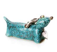 Enigma Supplies Ceramic Dachshund Statue in Teal with Wooden Heart to write Message on Ceramic Quirky Ornament Gift For Dog Lovers
