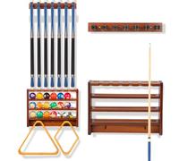 EnigmaSoul Pool Stick Holder - 7 Pool Cue Rack Wall Mount With Cue Rest and Ball holder, Wooden Pool Table Accessories Equipment Organizer, Billiard Cue Racks for Game Room Men Cave- Brown