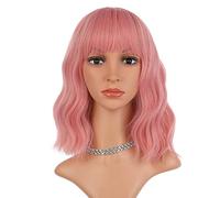 eNilecor Pink Wig, Short Colorful Synthetic Curly Pastel Wigs with Air Bangs for Women(14" Pink)