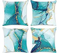 ENILSA Cushion Covers 35x35cm,Turquoise Marble Square Throw Pillow Cover Set of 4 Double Sided Velvet for Home Office Sofa Bedroom Car Garden Decorative,Invisible Zipper