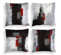 ENILSA Decorative Velvet Cushion Covers 35x35cm,Square Throw Pillowcases for Sofa Bedroom with Invisible Zipper Red Black Grey Abstract Set of 4