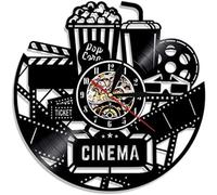 ENILSA Silent Round Wall Clock One Piece Cinema Wall Clock With Vinyl Records Modern Design Wall Clock Movie Wall Clock Popcorn Cola Clock For Movie Lovers Without Gift