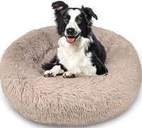 Enjamoy Plush Donut Dog Bed, Calming Round Dog Cat Bed Soft and Fluffy Cuddler Pet Cushion Self-Warming Puppy Beds Machine Washable, Brown 80cm