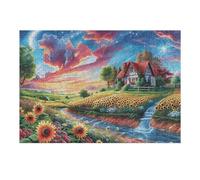 Enjoy A Relaxing Activity with Sunflower Stream Cabin Rural Countryside Wild 300 Piece Adult Puzzle Fun Stimulating And Perfect for Hobby 300 PCS（40x28cm）