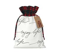 (Enjoy Life Handwritten Black Text) Drawstring Gift Bags Holiday Present Goody Bags For Xmas Party M