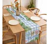 Enjoy Summer Beach Slippers Table Runner 13x90 inch Ocean Flower Palm Leaf Starfish Blue Plaid Cotton Linen Dining Table Runner Ideal for Dresser Kitchen Coffee Tables - Machine Washable