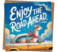 Enjoy the Road Ahead Llama Car Greeting Card - 145mm x 145mm - Funny Congratulations/Graduation/New Job/Retirement - Blank Inside with Kraft Envelope