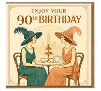 Enjoy Your 90th Birthday Card - Elegant Art Deco Tea Party Design with Two Ladies, Vintage 90th Birthday Card for Her