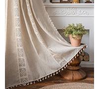 ENJOYBRIDAL Beige Curtains Crochet Lace Patchwork Drapes Curtains 63 Inch Length 2 Panels Tassel Rod Pocket Short Semi-Sheer Boho Bedroom Living Room Farmhouse Rustic Window Curtain Panels