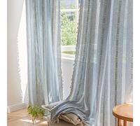 ENJOYBRIDAL Boho Curtains 63 Inch Length 2 Panels Semi Sheer Blue Grey Drapes Embroidered Tassel Rod Pocket Short Hollow Out Window Curtain Panels Farmhouse Window Treatment for Bedroom Living Room