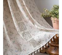 ENJOYBRIDAL Floral Curtains 96 Inch Length 2 Panels Crochet Lace Patchwork Drapes Semi-Sheer Boho Tassel Bedroom Living Room Farmhouse Beige Country Rustic Rod Pocket Window Curtain Panels
