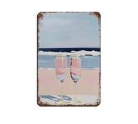 Enjoying A Drink at The Beach Pink Champaign Retro Poster Metal Tin Sign Chic Art Retro Iron Painting Bar People Cave Cafe Family Garage Poster Wall Decoration 8x12inch(20x30cm)