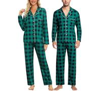 ENJOYNIGHT Christmas Couples Matching Pyjama Set Long Sleeve Button Down Nightwear Soft Sleepwear for Men and Women (XX-Large,Men-Green Lattice)