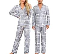 ENJOYNIGHT Christmas Couples Matching Pyjama Set Long Sleeve Button Down Nightwear Soft Sleepwear for Men and Women (Large,Men-Grey Deer)