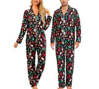 ENJOYNIGHT Christmas Couples Matching Pyjama Set Long Sleeve Button Down Nightwear Soft Sleepwear for Men and Women (XX-Large,Men-Black Xmas)