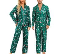 ENJOYNIGHT Christmas Couples Matching Pyjama Set Long Sleeve Button Down Nightwear Soft Sleepwear for Men and Women (Large,Women-Green Hat)