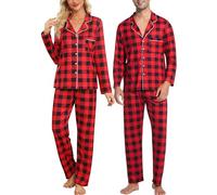 ENJOYNIGHT Christmas Couples Matching Pyjama Set Long Sleeve Button Down Nightwear Soft Sleepwear for Men and Women (Medium,Men-Red Lattice)