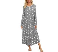ENJOYNIGHT Long Nightdress for Women Long Sleeve Nightgown V Neck Button Down Nightshirt Soft Loungewear Sleepwear With Pockets (Large,White Star)